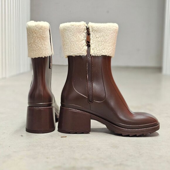 Brown Faux Leather Block Heel Boots With Shearling Cuff & Side Zipper Closure - Picture 6 of 7